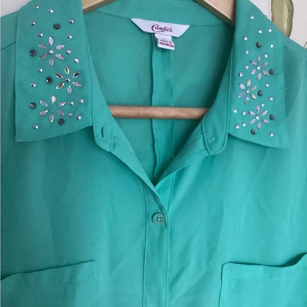 Candie’s blouse L sheer turquoise green EUC bejeweled collar long sleeve - Picture 2 of 7